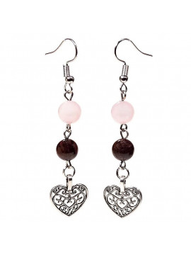 Cercei granat/cuarț roz cu inimă -- 8mm